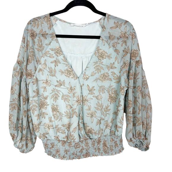 All in Favor Medium M Aqua Mint Blue Cream Floral Print Wrap 3/4 Sleeve Blouse - Picture 1 of 10